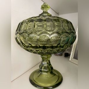 Fenton thumbprint pedestal covered dish. 10”. No chips or cracks.